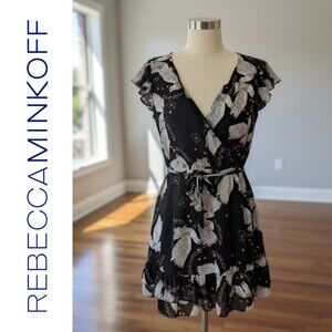 Rebecca Minkoff Rhoda Dress 6 | Black White Doves Hearts V-Neck Tie Waist Ruffle